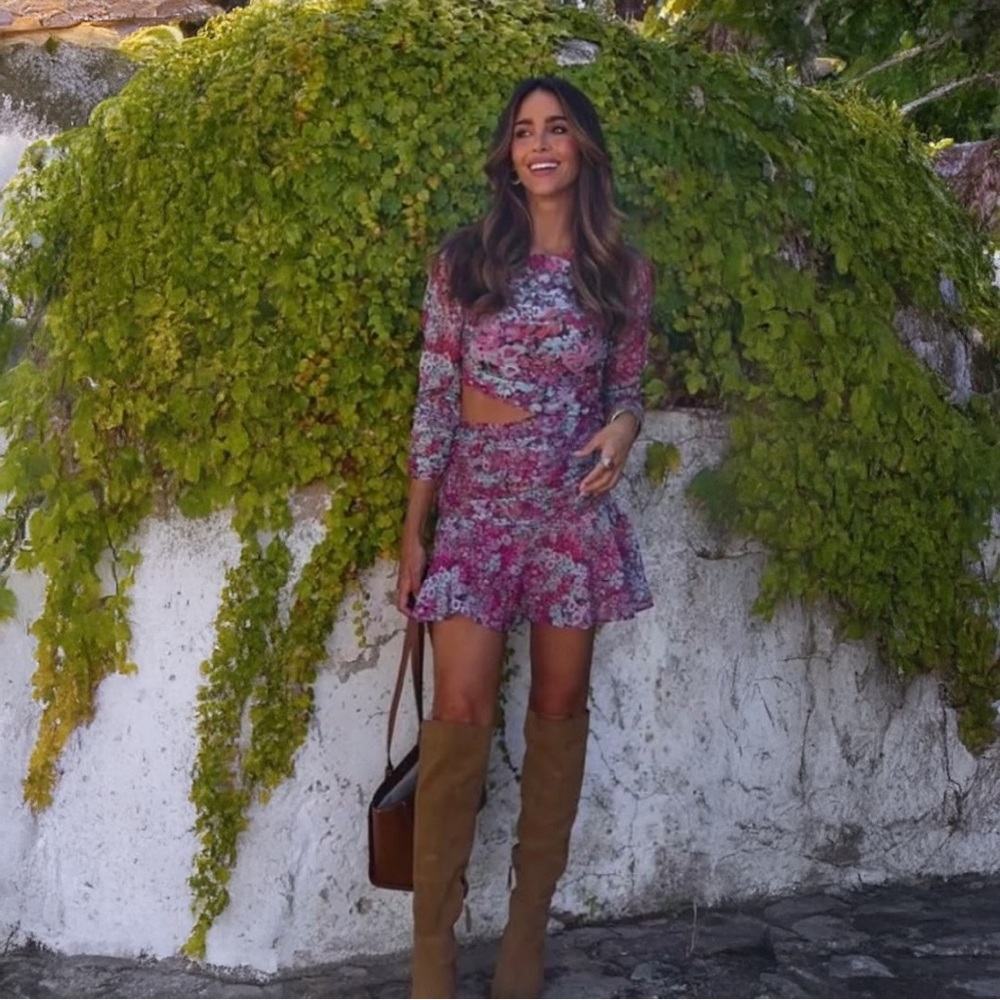 Zara Floral Print Pink Multicolor Long Sleeve Ruched Cut-Out Mini Dress (Small) - Picture 6 of 10